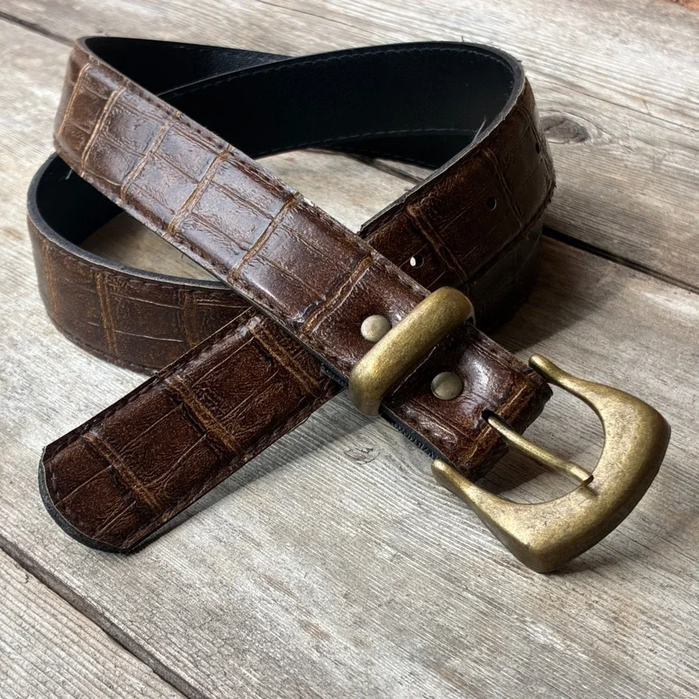 Vintage SLT Brown Alligator Croc Embossed Leather Belt 38 Antique Brass Buckle